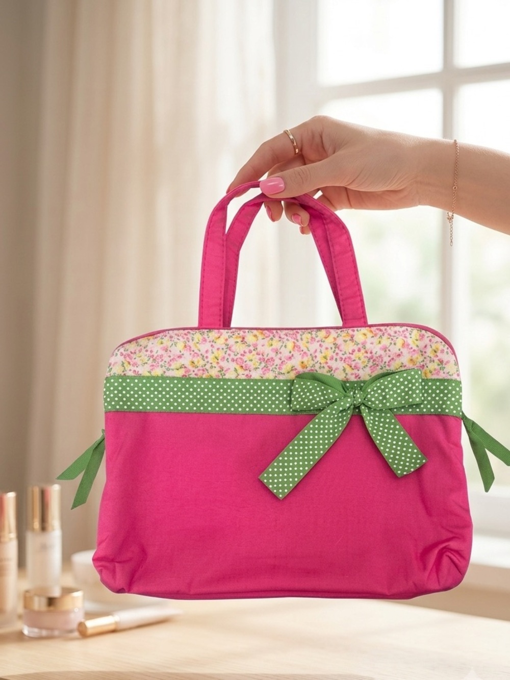 Preppy Bow Cosmetic Bag Professionals Makeup Case Travel Vanity Pouch Pink Green